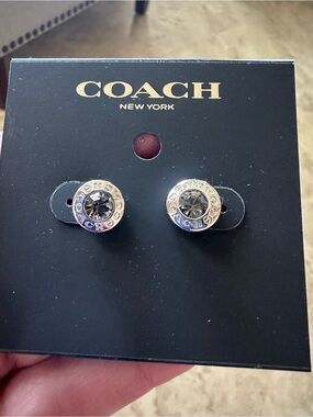 Coach Silver-Tone Logo Stud Earrings with Black Crystal Centers